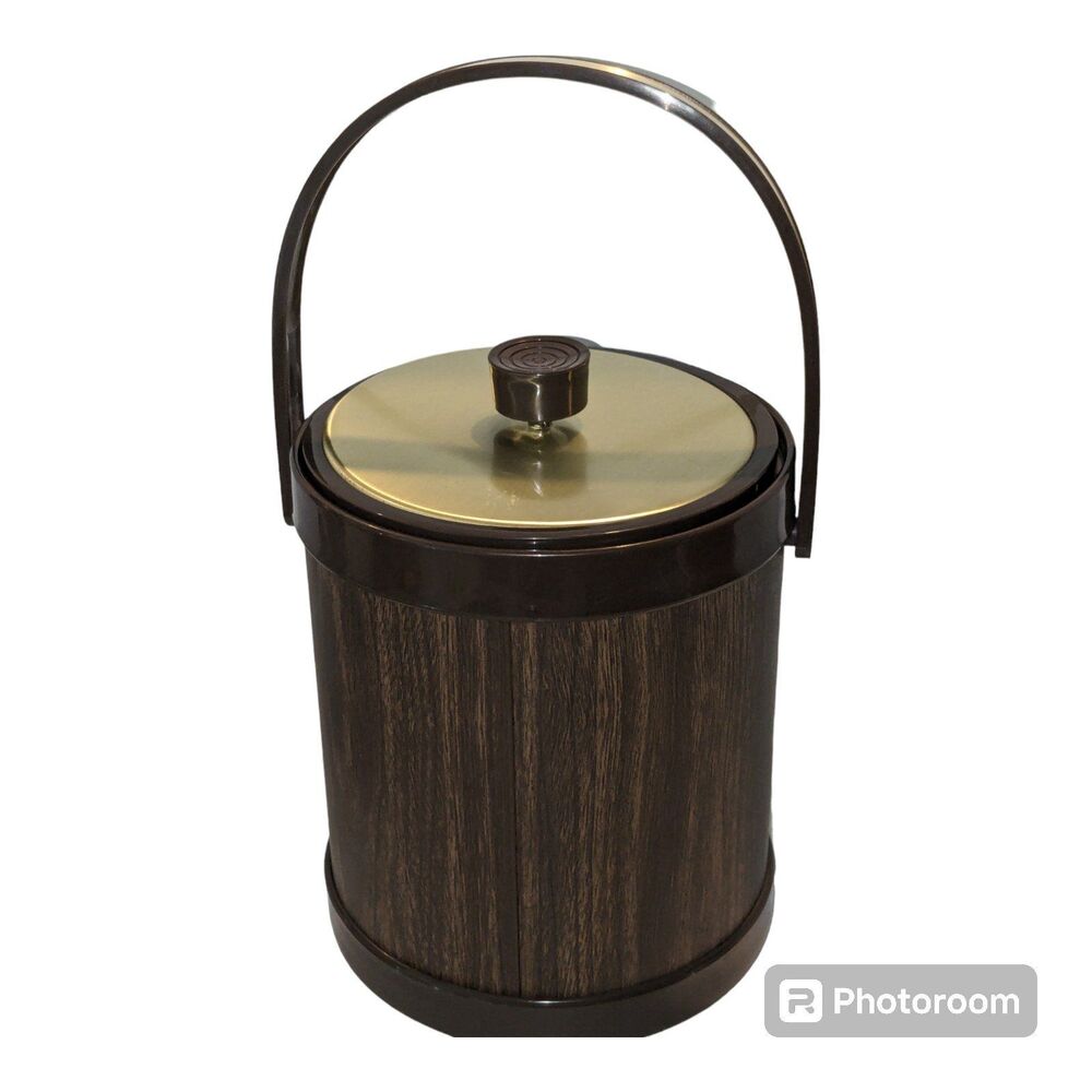 ATAPCO Ice Bucket Vintage MCM Brown Wood Grain Pattern Gold Lid 10"